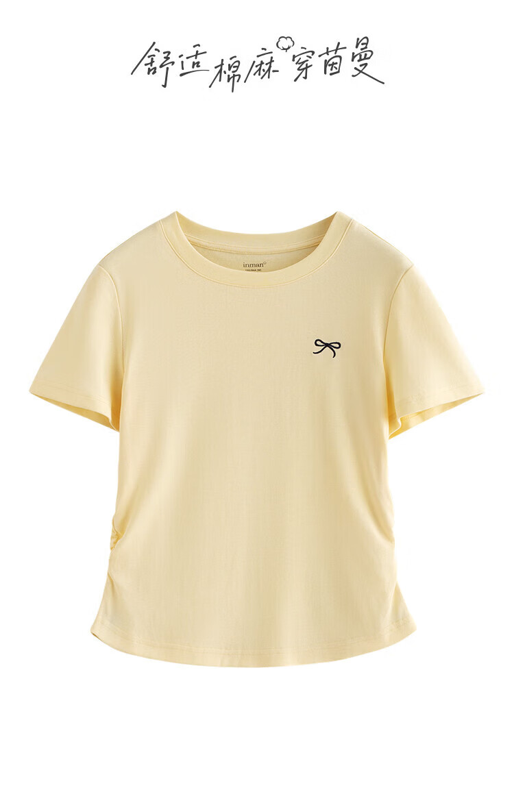 INMAN Simple Pleated Waist-Drawn Short Sleeve T-Shirt Women 2026 Summer Sweet Youthful Casual Embroidered Top 1